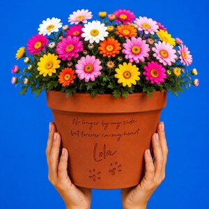 Op de afbeelding: Een terracotta bloempot gevuld met een levendig arrangement van witte, gele, oranje en roze madeliefjes. De pot is voorzien van de gegraveerde tekst "No longer by my side, but forever in my heart" boven de naam "Lola" en twee pootafdruk-iconen.