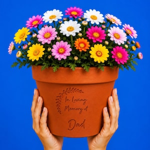 Peut inclure: Un pot de fleurs en terre cuite rempli d'un arrangement vibrant de fleurs ressemblant à des marguerites blanches, jaunes, roses et orange. Le pot porte une inscription gravée In Loving Memory of Dad avec un motif de branche de feuilles.