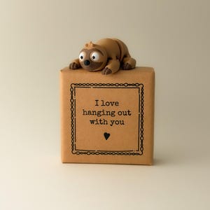 Peut inclure: Une boîte cadeau marron avec une bordure noire décorative et le texte "I love hanging out with you" et un cœur. Une figurine de paresseux marron est perchée sur le dessus de la boîte.