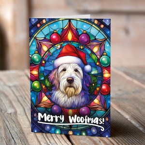 Carte de Noël Bearded Collie dans un bonnet de Noel