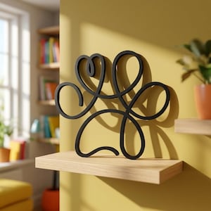 May include: A black metal wall art piece shaped like a stylised paw print with a heart integrated into the top centre. The design consists of a single continuous line forming the outline of the paw, featuring smooth curves and a matte black finish.