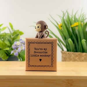Può includere: Una statuina di scimmia marrone all'uncinetto è appoggiata su una piccola scatola regalo marrone. La scatola presenta il testo "You're my favourite little monkey!" in nero, all'interno di un bordo decorativo. Lo sfondo include vegetazione.