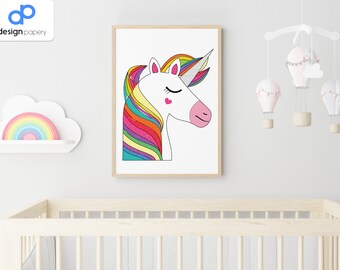 Art mural de licorne, décoration murale de licorne, décor de pépinière, licorne imprimable, décor de licorne, décor de chambre de filles, art de mur de pépinière, art de licorne