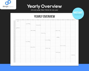 Visão geral anual, Calendário, Calendário para imprimir, Planejador anual, Planejador anual completo, Organizador anual, Calendário sem data, Calendário para qualquer ano