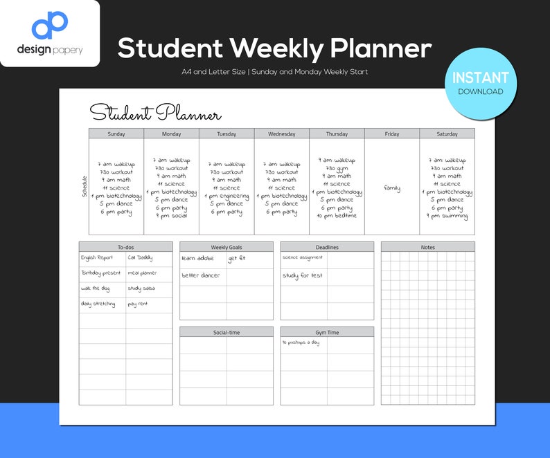 Weekly Student Planner Highschool Planner Assignments Etsy