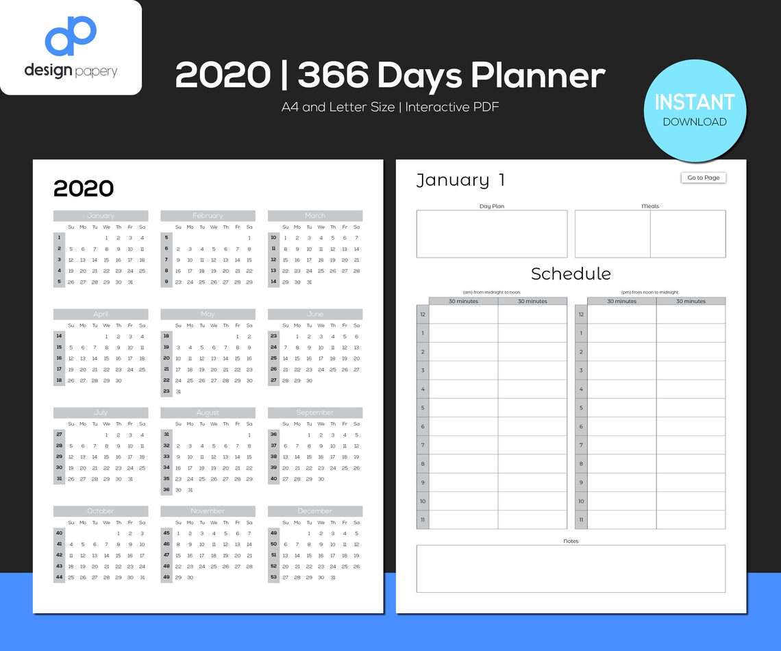 366 Days Planner 2020 Calendar 2020 Daily Planner Leap Year Etsy