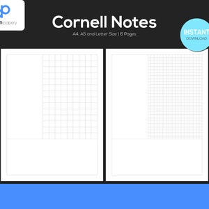 May include: Two white Cornell Notes pages with grid lines, a section for notes, and a section for cues. The text "Cornell Notes" is at the top, along with "A4, A5 and Letter Size | 6 Pages". A blue circle says "INSTANT DOWNLOAD".