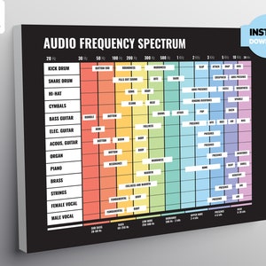 May include: A black and white print titled "Audio Frequency Spectrum" with a rainbow gradient. The chart displays audio frequencies, including kick drum, snare drum, and vocals. An "Instant Download" label is in the upper right corner.