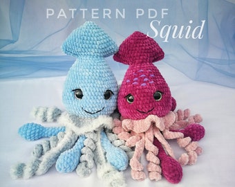 Squid crochet pattern, Amigurumi Octopus plush Kawaii Animal, Easy Pdf Tutorial for Beginners, Crochet squid toy, crochet sea creature