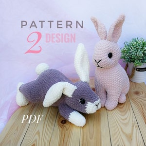 Pattern two designs of big rabbits, Crochet pattern bunny,  amigurumi English PDF Tutorial rabbit, cute bunny