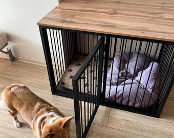 Modern Pet Crate with Wood Top – For Dogs & Cats (M-XXL sizes)
