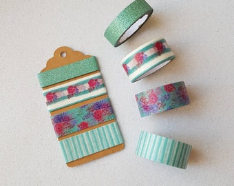 Washi Tape Sample - Blumen und grün blauer Glitzer