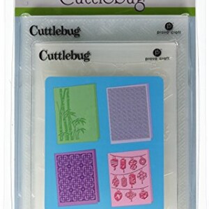 May include: Cuttlebug embossing folders in a clear plastic package. The folders have four different designs: bamboo, a textured pattern, a geometric pattern, and hanging lanterns. The package is labeled "Oriental Weave".