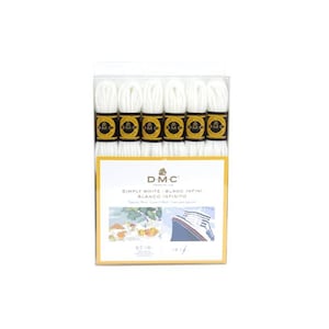 May include: A package of DMC Simply White embroidery floss. The floss is white with gold and black labels. The packaging includes the DMC logo and the words "SIMPLY WHITE - BLANC INFINI - BLANCO INFINITO". The package also has images of a ship and flowers.