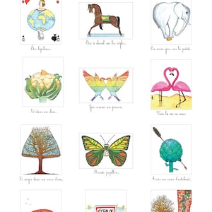 Peut inclure: Une série d'illustrations à l'aquarelle représentant des expressions idiomatiques françaises. Les images incluent une carte à jouer avec un globe, un cheval à bascule, un éléphant, un chou-fleur, deux oiseaux, deux flamants roses, un arbre, un papillon, un artichaut, un cerveau, un étang et un pied en briques.