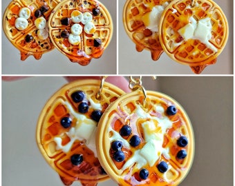 Waffle earrings,  Blueberry waffle earrings, chocolate chip waffle earrings,  banana earrings