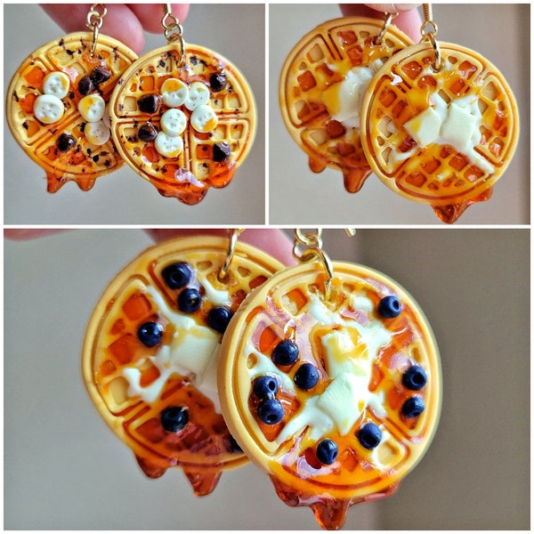 Waffle earrings,  Blueberry waffle earrings, chocolate chip waffle earrings,  banana earrings