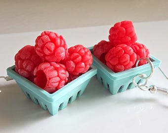 Berry Basket Earrings, Raspberry Earrings