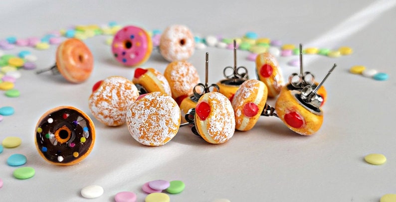 Donut Stud Earrings, Pink donut, sprinkle donut earrings, jelly Donut earrings, glaze Donut earrings, powdered sugar Donut, chocolate donut image 4