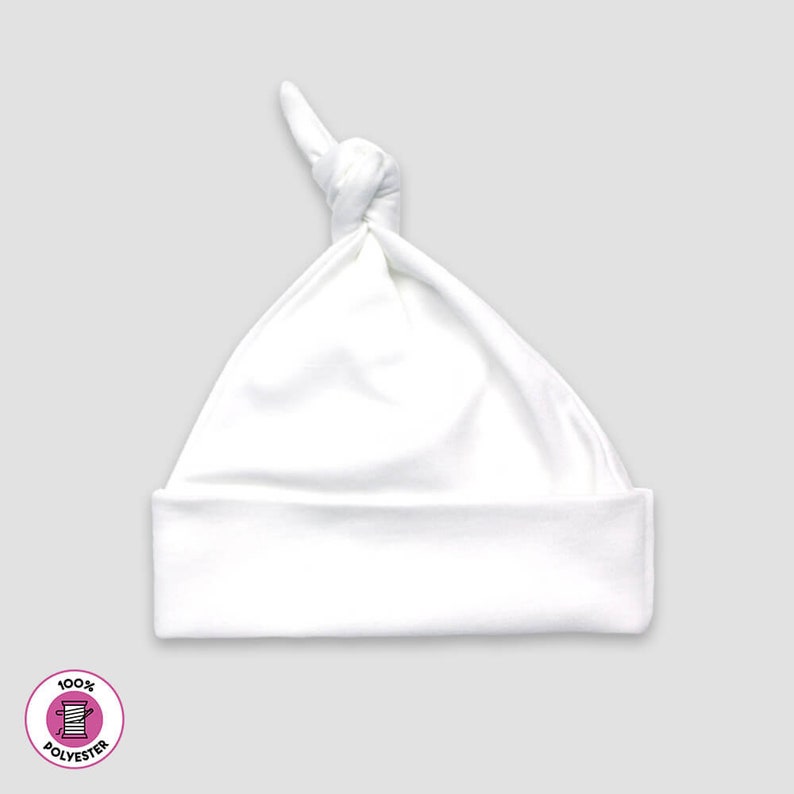 May include: White baby hat with a knot on top. The hat is made of 100% polyester.