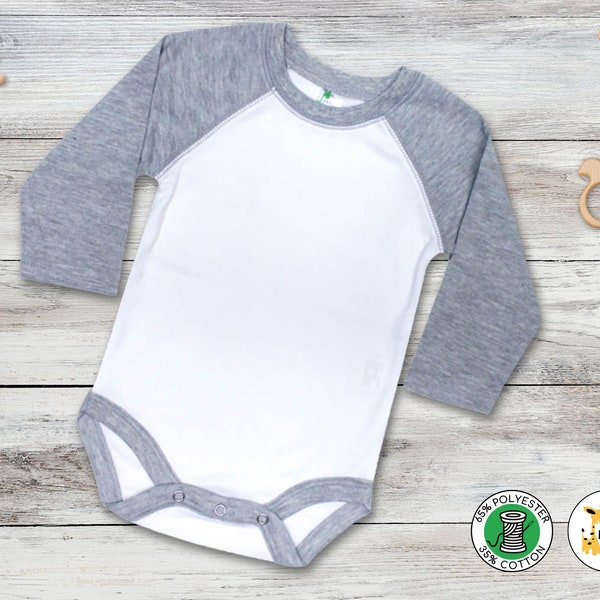 Baby Infant Blank Long Sleeve Raglan Baseball One Piece Bodysuit | Personalize Custom DIY Sublimation | Polyester Blend | Unisex Gray | Pink