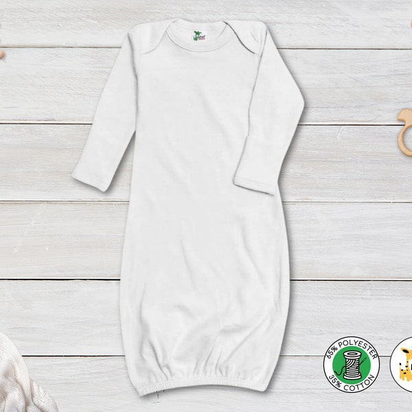 Baby Blank Long Sleeves Gown With Mitten Cuffs- White- 65% Polyester 35 Cotton- Personalize-Custom-Sublimation-Embroidery -Screen Printing