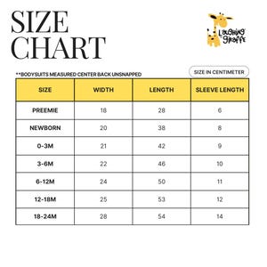 May include: Size chart for baby bodysuits in centimeters. The chart shows the size, width, length, and sleeve length for different ages, from preemie to 18-24 months.
