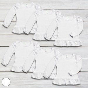 Toddler & Kids Blank Ruffle Trim Peplum Long Sleeve T-shirt WHITE (6-PACK) Personalize DIY Custom  Embroidery Screen Printing For Girls
