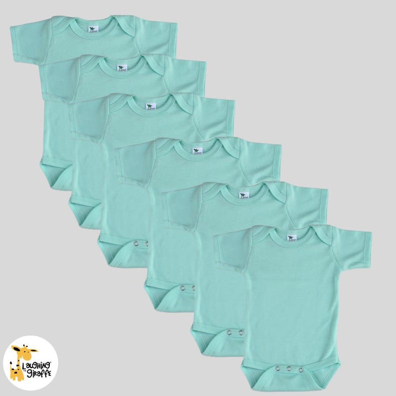 May include: Six mint green baby onesies with short sleeves and snap closures. The onesies are arranged in a stack, with the top onesie at the top of the image and the bottom onesie at the bottom of the image.