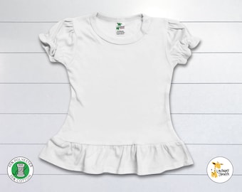 Toddler & Kid Girls Blank Ruffle Puff Sleeve T-shirt | Polyester Cotton Blend | Personalize Custom Embroidery Sublimation | White