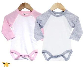 Baby Infant Blank Long Sleeve Raglan Baseball One Piece Bodysuit | Personalize Custom DIY Sublimation | Polyester Blend | Unisex Gray | Pink