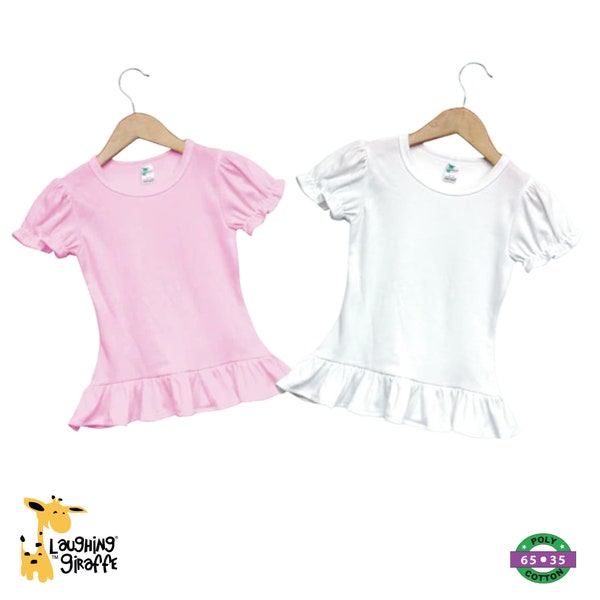 Toddler & Kid Girls Blank Ruffle Puff Sleeve T-shirt | Polyester Cotton Blend | Personalize Custom Embroidery Sublimation | Pink | White