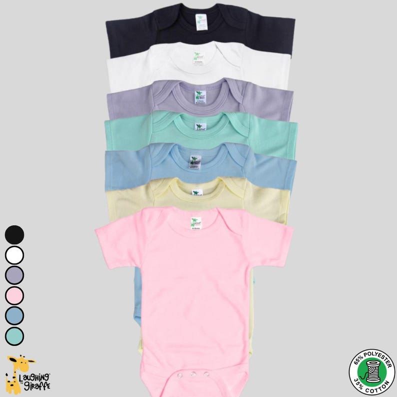 May include: A set of ten baby onesies in various colors, including black, white, gray, pink, light blue, and mint green. The onesies are made of a soft, comfortable fabric and are perfect for everyday wear.  The onesies are made of 65% polyester and 35% cotton.