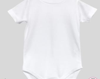 May include: White baby onesie with short sleeves and a snap closure. The onesie is made of 100% polyester.