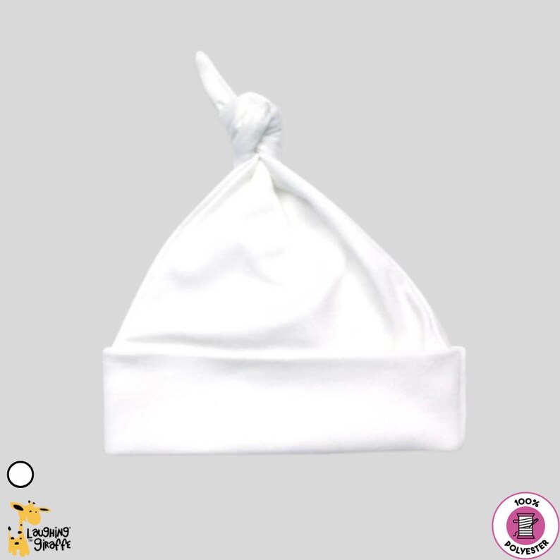 May include: White baby hat with a knot on top. The hat is made of 100% polyester.