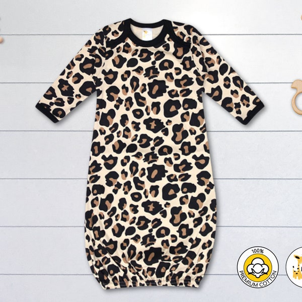 Baby Blank Long Sleeping Gown w/ Elastic Bottom- LEOPARD PRINT -100 % Cotton -Personalize-Custom-Sublimation-Embroidery -Screen Printing