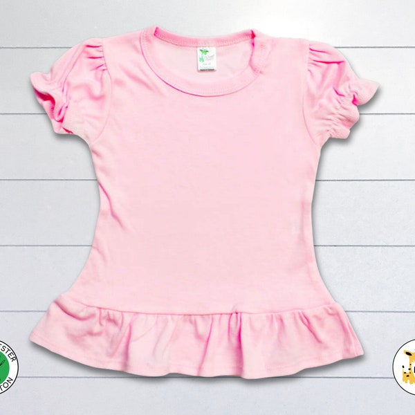 Toddler & Kid Girls Blank Ruffle Puff Sleeve T-shirt | Polyester Cotton Blend | Personalize Custom Embroidery Sublimation | Pink | White