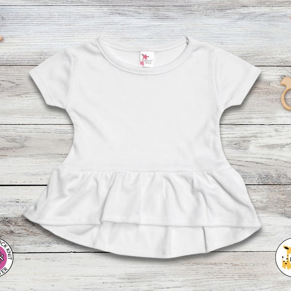 Baby Girls Short Sleeve Peplum Top- 100% Polyester- WHITE T-Shirt | Ruffle Top | Personalize-Custom-Sublimation-Embroidery -Screen Printing