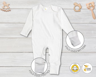 Baby Blank Long Sleeve Sleep and Play PJ w/ Mittens & Footie WHITE 100% Cotton Personalize Custom Embroidery Screen Printing