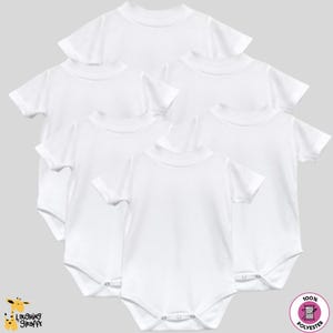 May include: Five white short-sleeved baby onesies with snaps at the crotch. The onesies are made of 100% polyester.