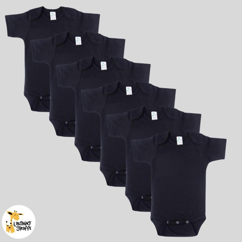 May include: A set of six black short-sleeved baby onesies. The onesies are made of a soft, comfortable fabric and are perfect for everyday wear.