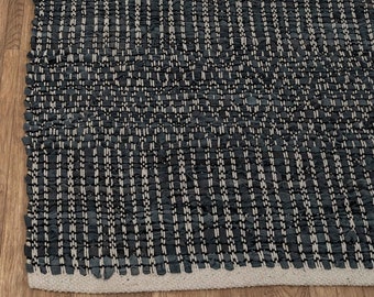 Hand Woven Rug Boho Jute Recycled Leather Blue Grey Bohemian Style SH-5
