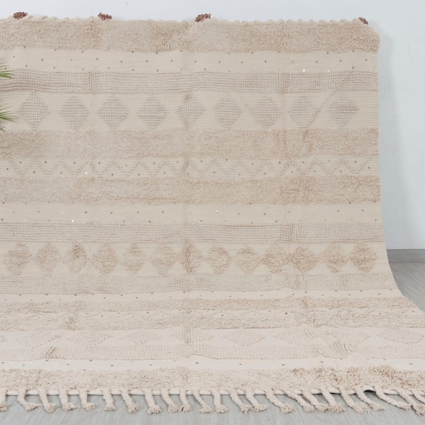 Beige Hand Woven Undyed Cotton Boho Rug Moroccan Decor Nordic Scandinavian. Available without Sequins/Coins also. MD-2