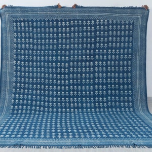 Handmade Cotton Printed Rug Blue White  Flower Block Printed Boho Inspired Flatweave Rug...#AA-16