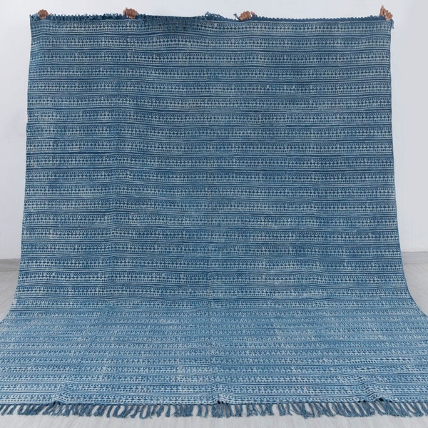 Blue Indigo Hand Woven Bohemian  Cotton Flatweave Kilim Rug, Boho Blue Rug...#AA-12 Sizes 5x8,6x9,8x10,9x12