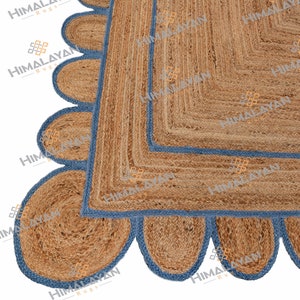 French Blue Jute Scallop Handmade Rug, Jute Rugs, Customise in any size.--#2719
