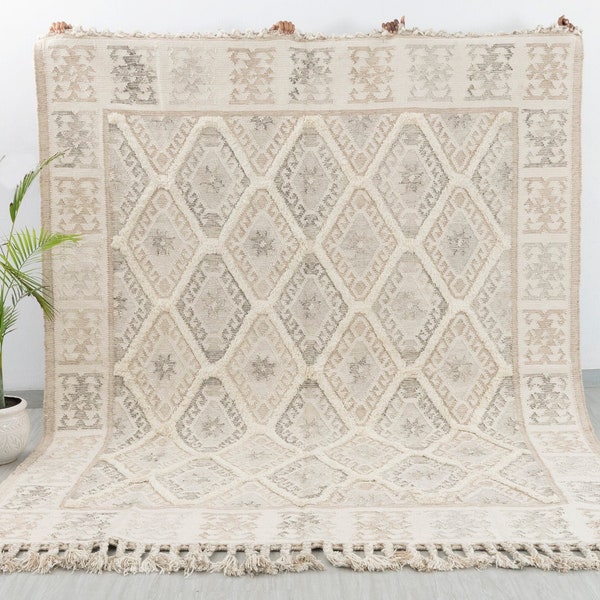 Natural Ivory Wool Moroccan Inspired Rug Hand Woven Bohemian Decor Inspired, Boho Scandinavian Decor-#AS-5