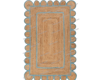 Scallop Jute Blue Hand Made Rug,Bohemian Decor Inspire, Customize in Any Size & Shape-CBS