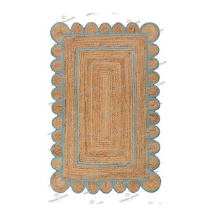 Scallop Jute Blue Hand Made Rug,Bohemian Decor Inspire, Customize in Any Size & Shape-CBS