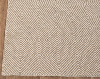 Wool Flatweave Rug Beige Hand Woven Geometric Diamond Pattern High Quality,TN-4..Custom Size Available.